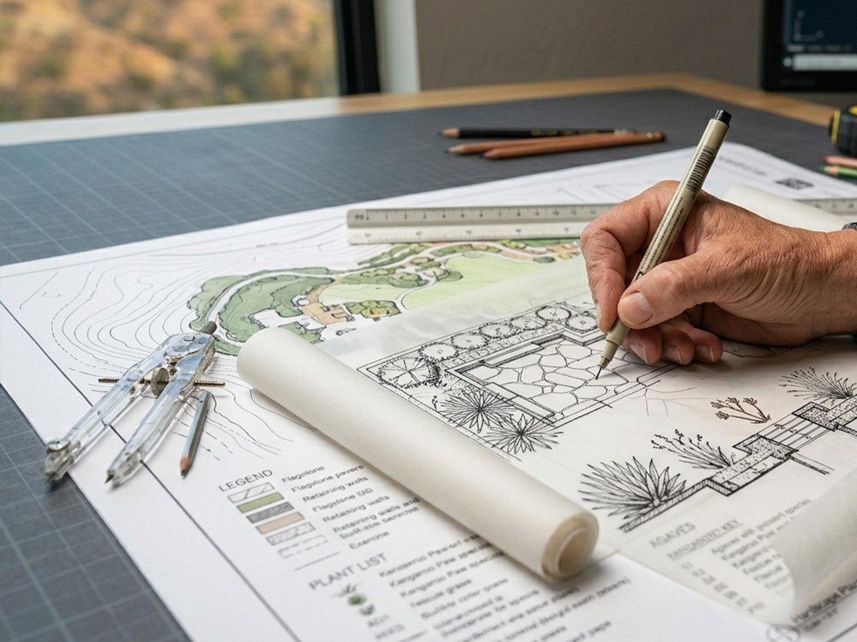 Architectural landscape design plans and 3D renderings