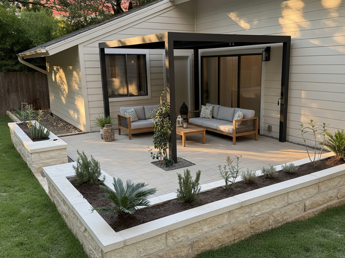 Stone patio with pathways and retaining walls