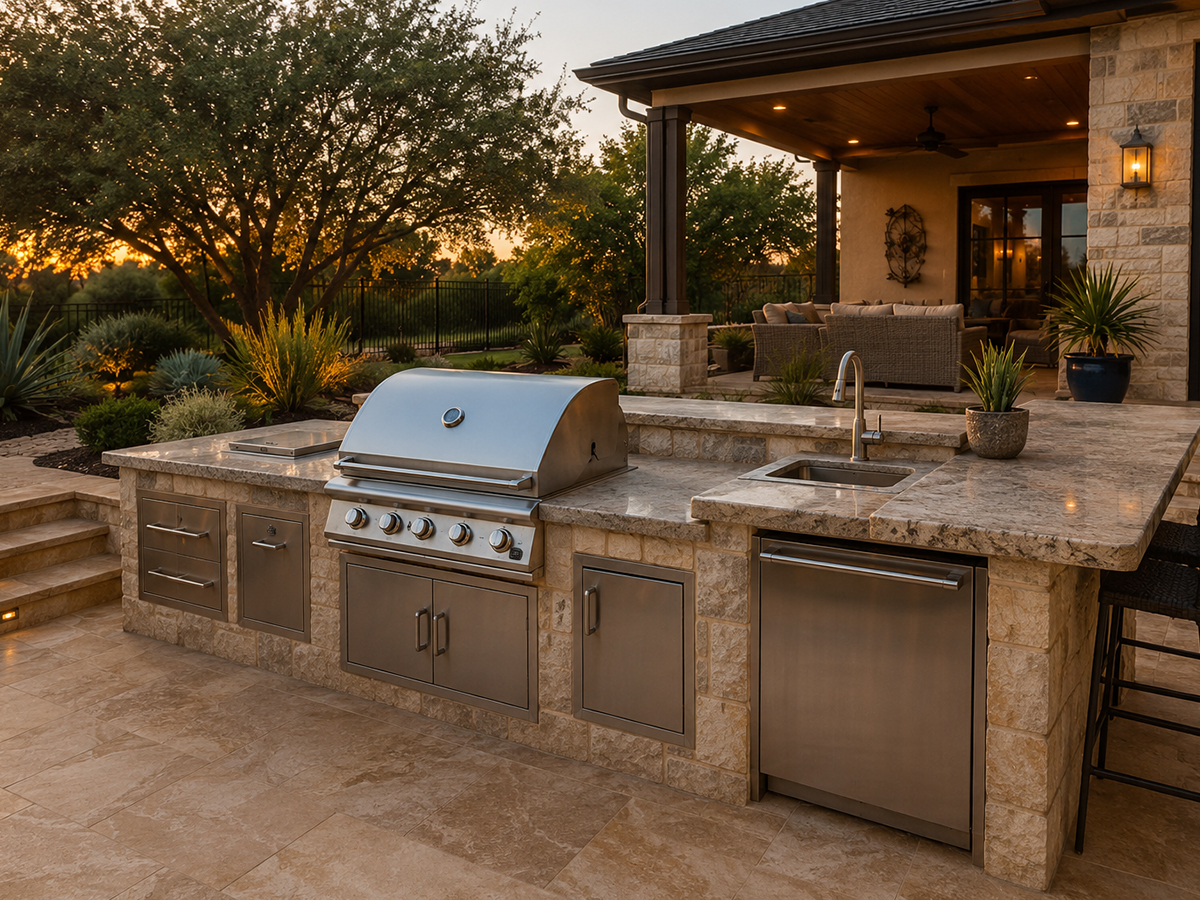 Completed outdoor kitchen with grill and counter in Austin TX