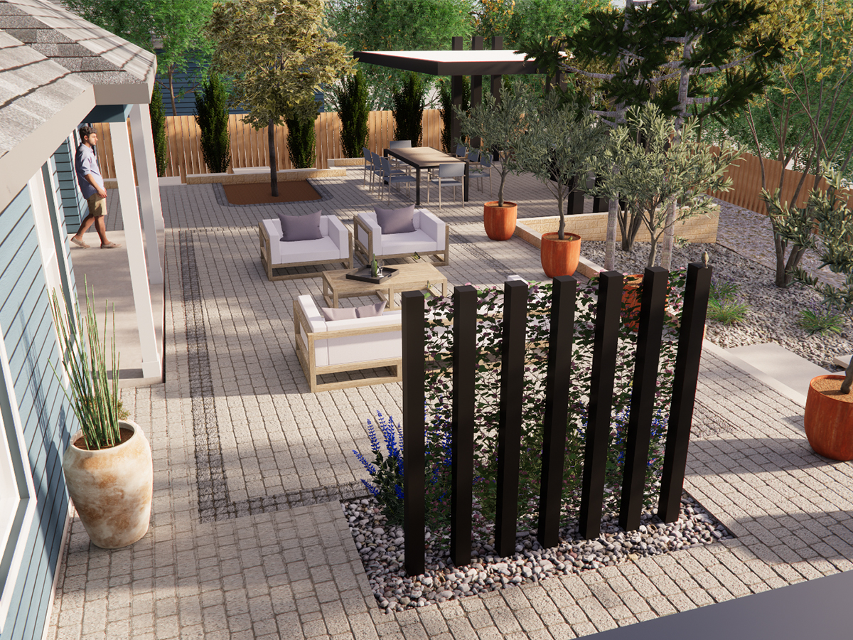 Architectural plans and 3D render for landscape design